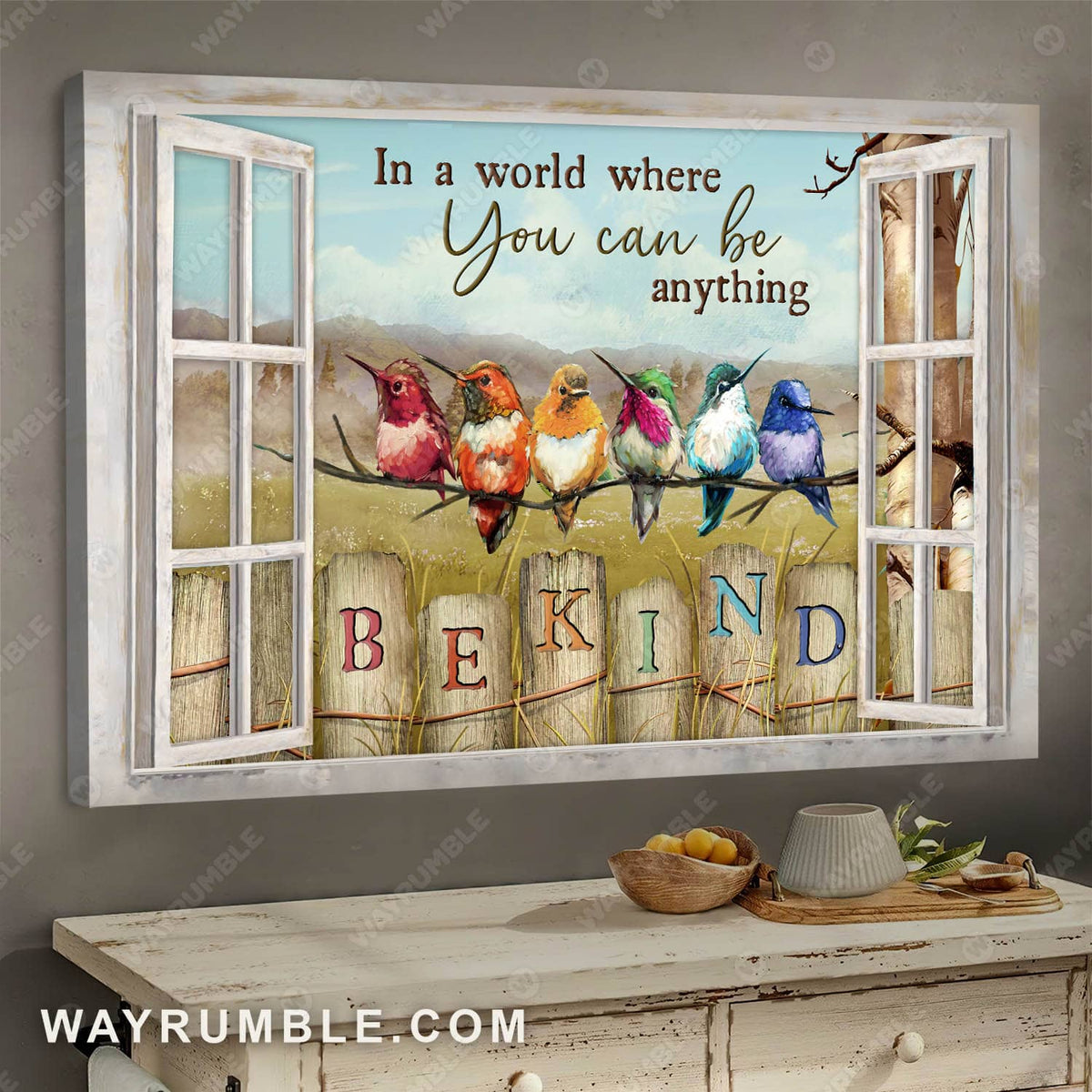 Colorful hummingbird, Garden painting, Window frame, Be kind - Jesus Landscape Canvas Prints, Wall Art