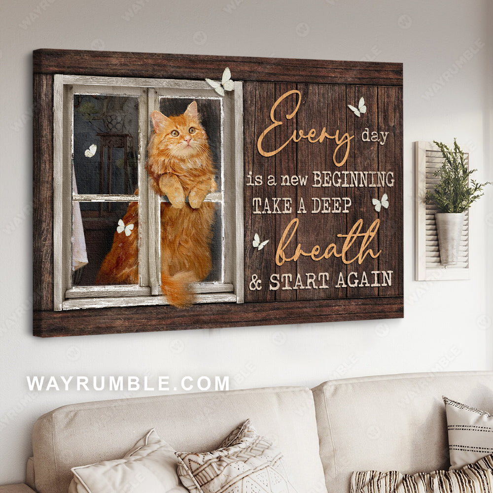 Cat painting, Little cat by the window, Every day is a new beginning - Jesus Landscape Canvas Prints, Christian Wall Art
