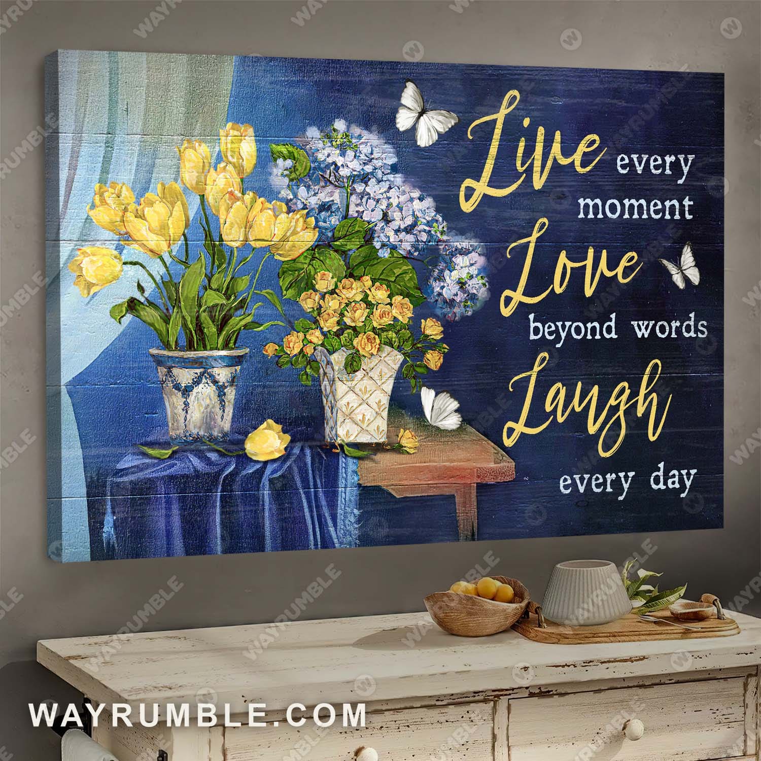 Yellow Rose, Hydrangea, Still Painting, Live every moment, Love beyond words, Laugh every day - Jesus Landscape Canvas Prints, Wall Art