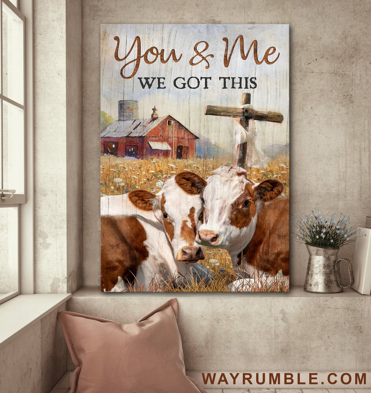 Couple cow drawing, Yellow farm painting, Wooden cross, You &amp; Me we got this - Jesus Portrait Canvas Prints, Wall Art