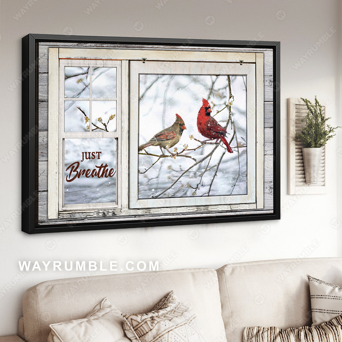 Cardinal painting, Outside the window frame, Winter garden, Just breathe - Jesus Landscape Canvas Prints, Wall Art