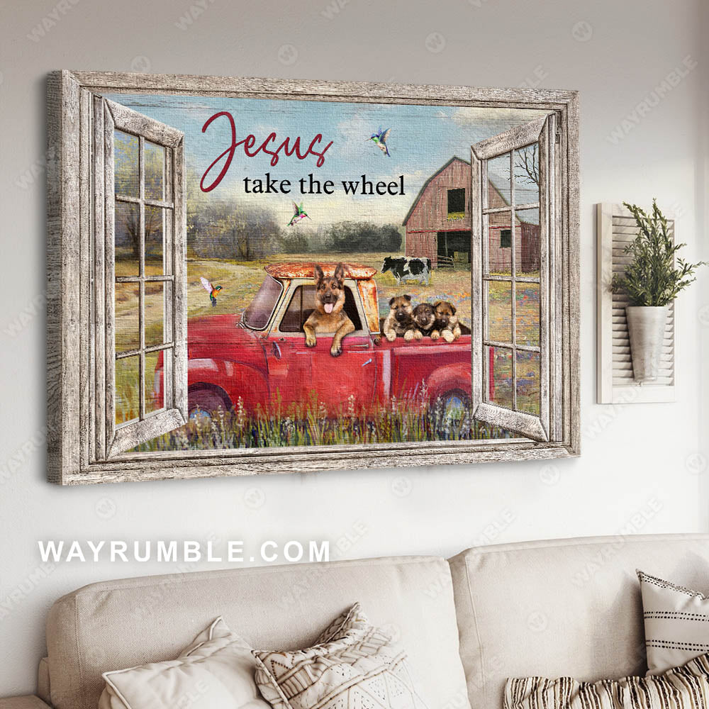 Red truck, German Shepherd, Countryside landscape, Jesus take the wheel - Jesus Landscape Canvas Prints, Christian Wall Art