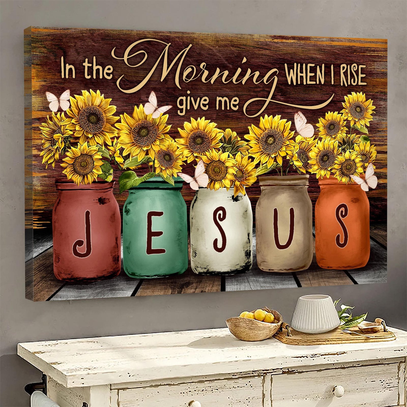 Sunflower jars, Butterfly, Vintage Painting, In the morning when I rise Give me Jesus - Jesus Landscape Canvas Prints, Wall Art