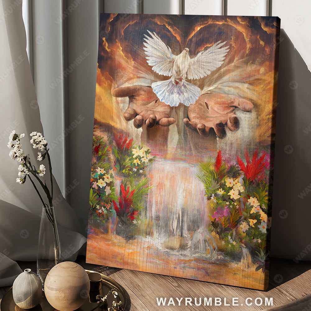 The dove of peace, Waterfall painting, In the loving hand of Jesus Christ - Jesus Portrait Canvas Prints, Christian Wall Art