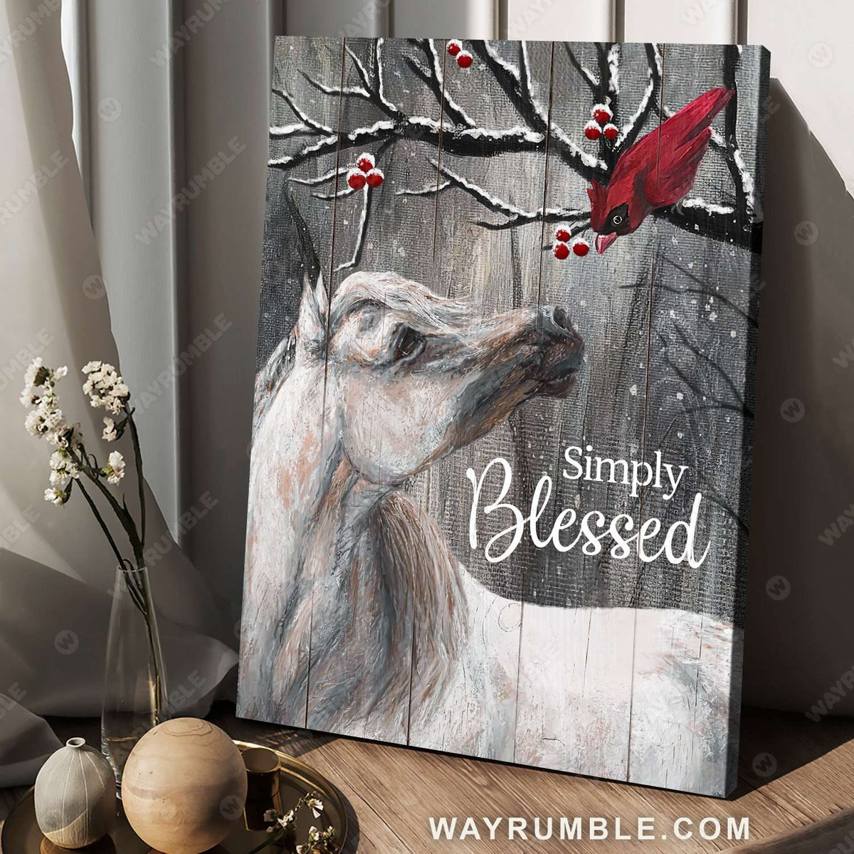 White horse painting, Beautiful white horse with Cardinal, Winter forest, Simply blessed - Jesus Portrait Canvas Prints, Christian Wall Art