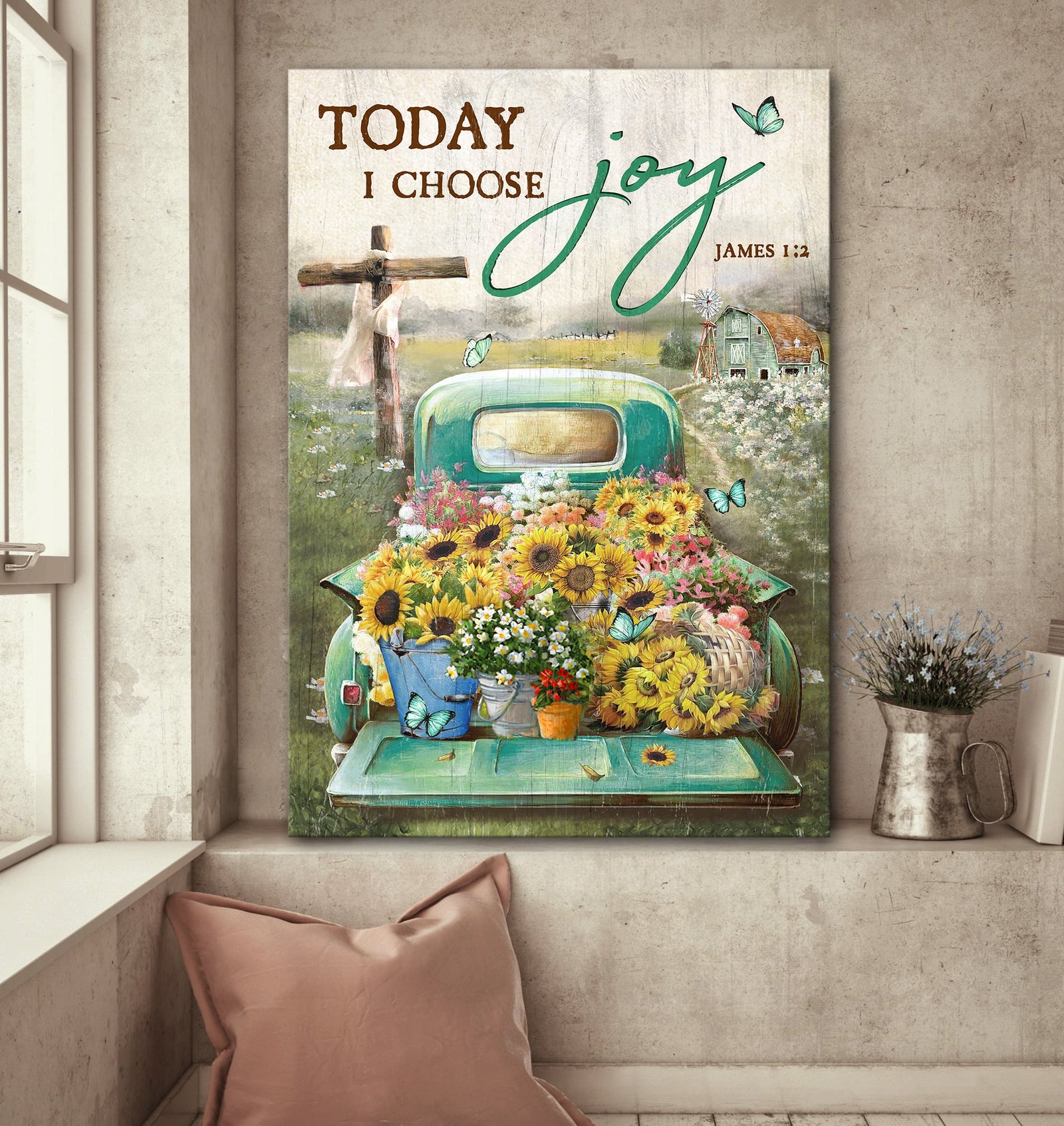 Sunflower car, Flower field, Wooden Cross, Today I choose Joy - Jesus Portrait Canvas Prints, Wall Art