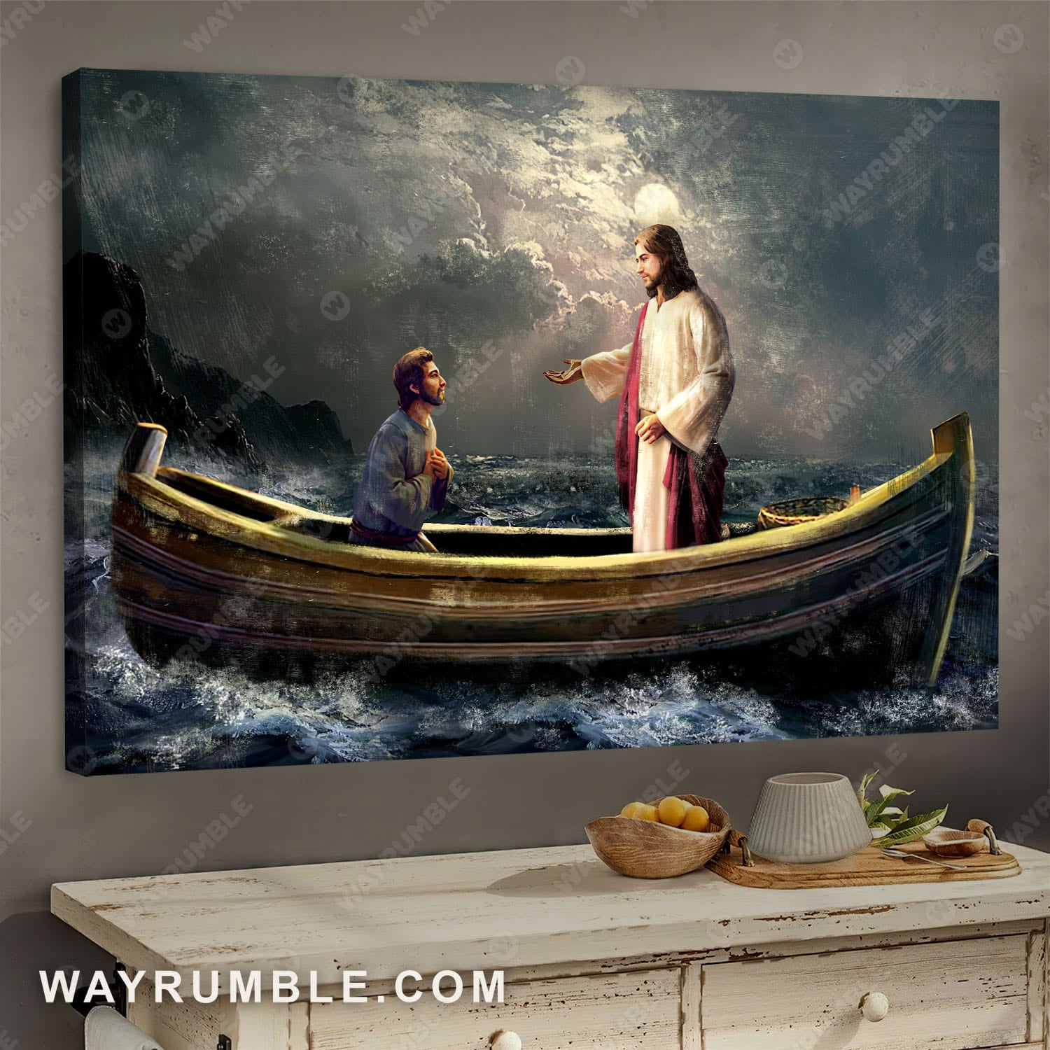 Jesus save me, Night ocean painting - Jesus painting, Landscape Canvas Prints, Wall Art