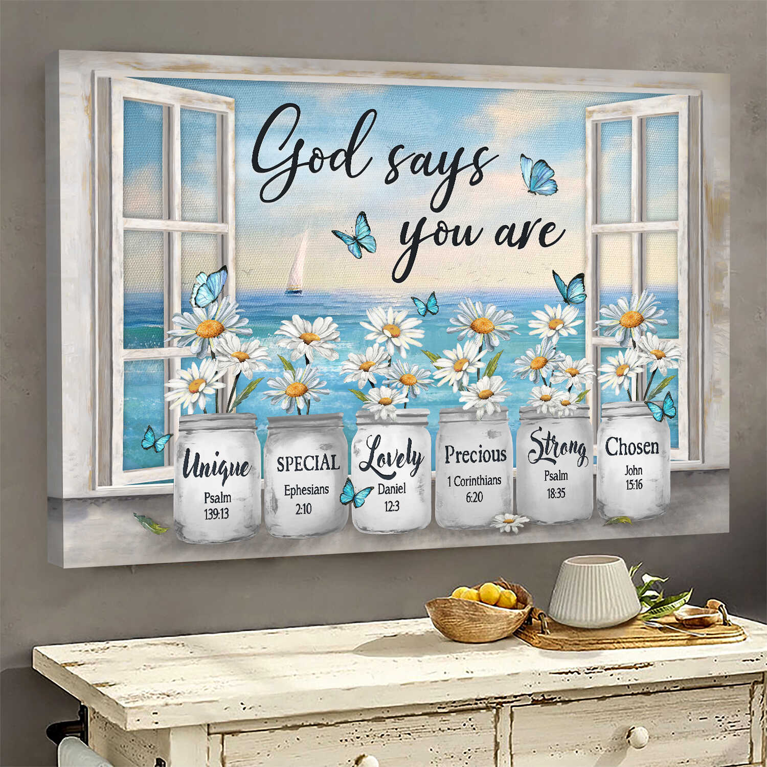 Daisy flower, Window frame, Sea painting, God says you are - Jesus Landscape Canvas Prints, Wall Art