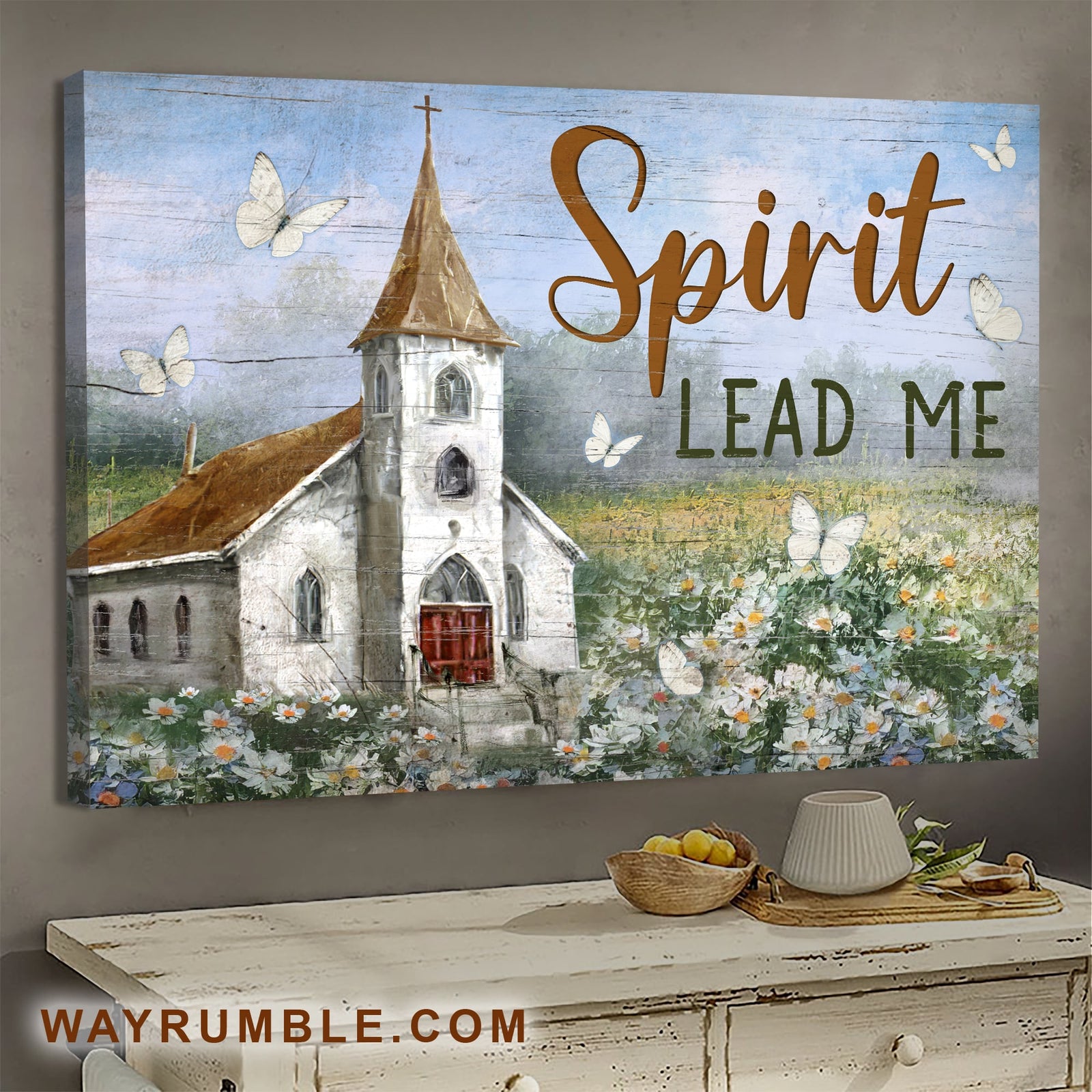 Beautiful Church, Flower Field, Butterfly, Spirit lead me - Jesus Landscape Canvas Prints, Wall Art