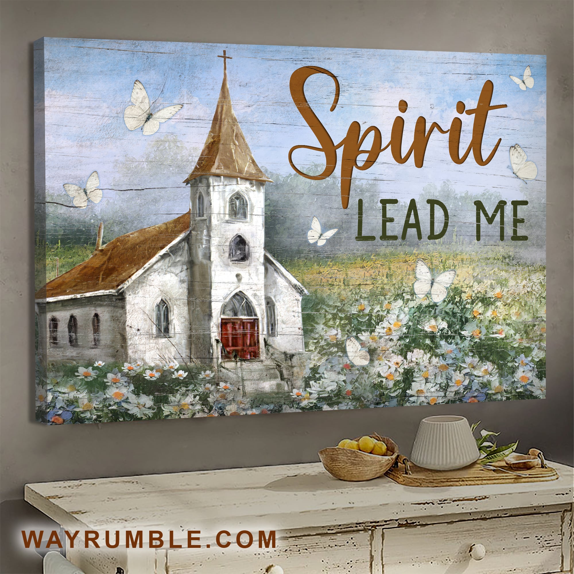 Beautiful Church, Flower Field, Butterfly, Spirit lead me - Jesus Landscape Canvas Prints, Wall Art
