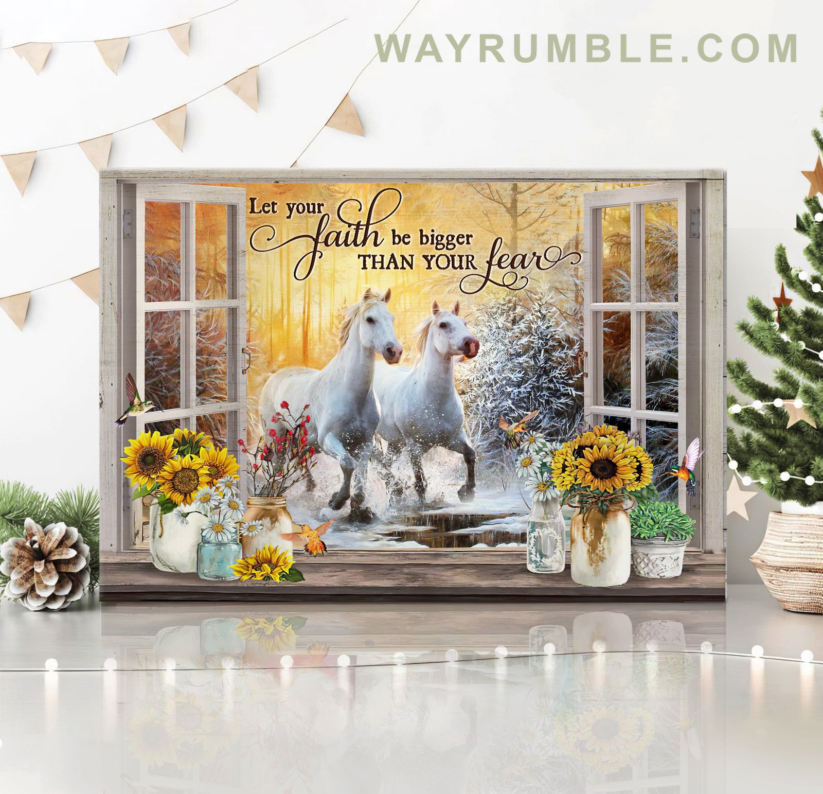 Winter forest, White horse, Flower vase, Let your faith be bigger than your fear - Jesus, Window frame Landscape Canvas Prints, Wall Art