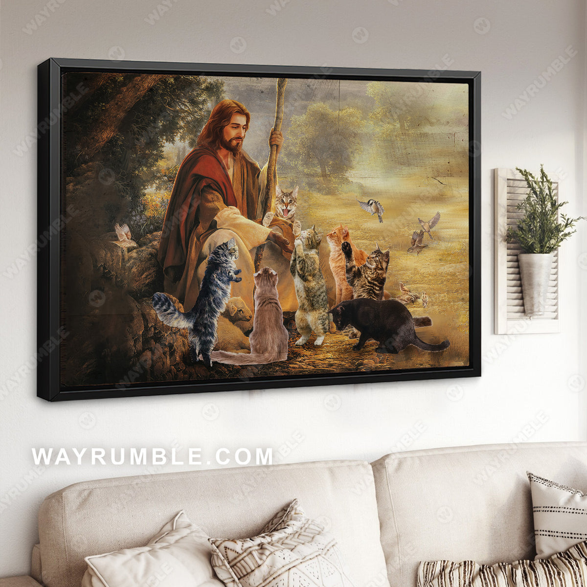 Jesus painting, Cats drawing, A peaceful day with cats - Jesus Landscape Canvas Prints, Christian Wall Art