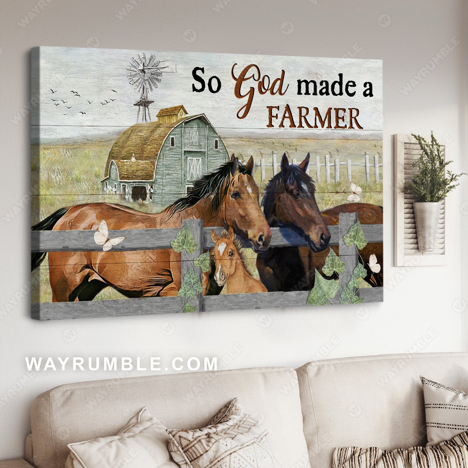 Horse family, Meadow land, Vintage house, So God made a farmer - Jesus Landscape Canvas Prints, Christian Wall Art