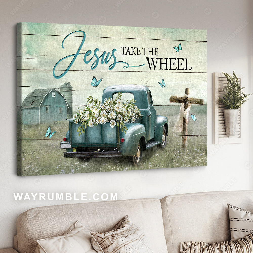 Daisy field, Ladybug car, Vintage painting, Wooden cross, Jesus take the wheel - Jesus Landscape Canvas Prints, Christian Wall Art