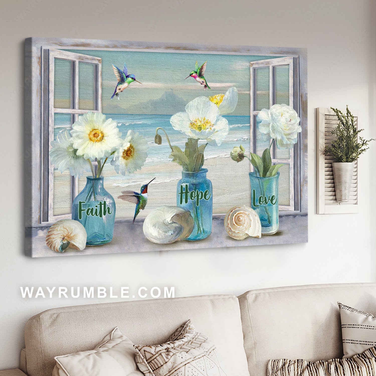White flowers, Ocean view, Seashells, Faith hope love - Jesus Landscape Canvas Prints, Christian Wall Art