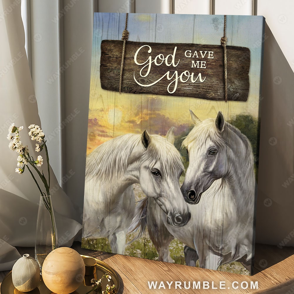 White horses, Colorful sunset, Wooden sign, Green meadow, God gave me you - Jesus Portrait Canvas Prints, Christian Wall Art