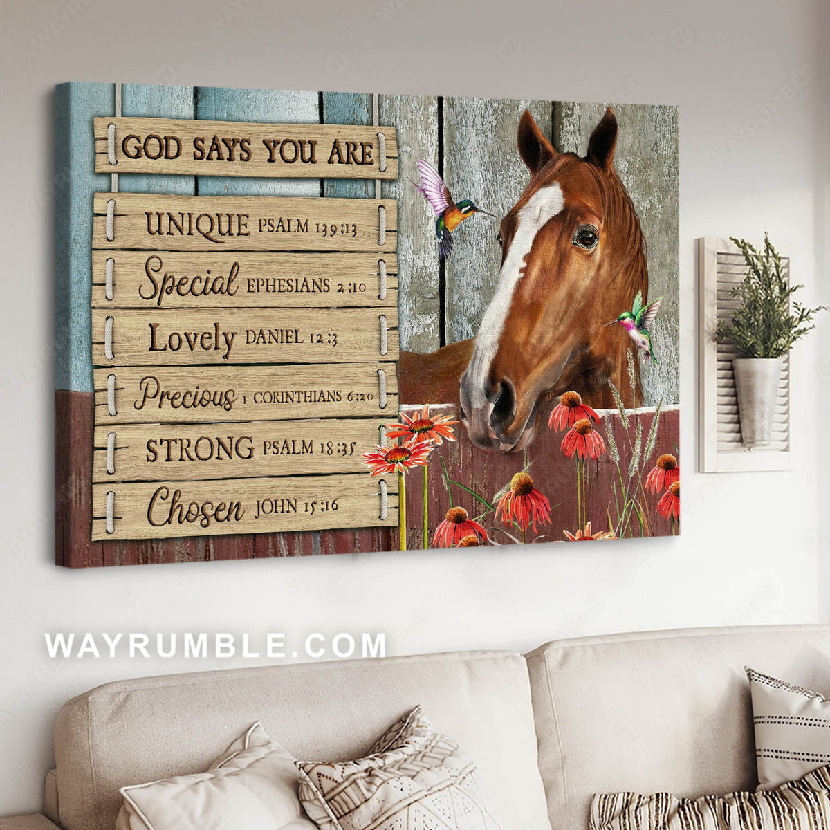 Brown horse, Colorful hummingbirds, Red daisy, God says you are unique - Jesus Landscape Canvas Prints, Christian Wall Art