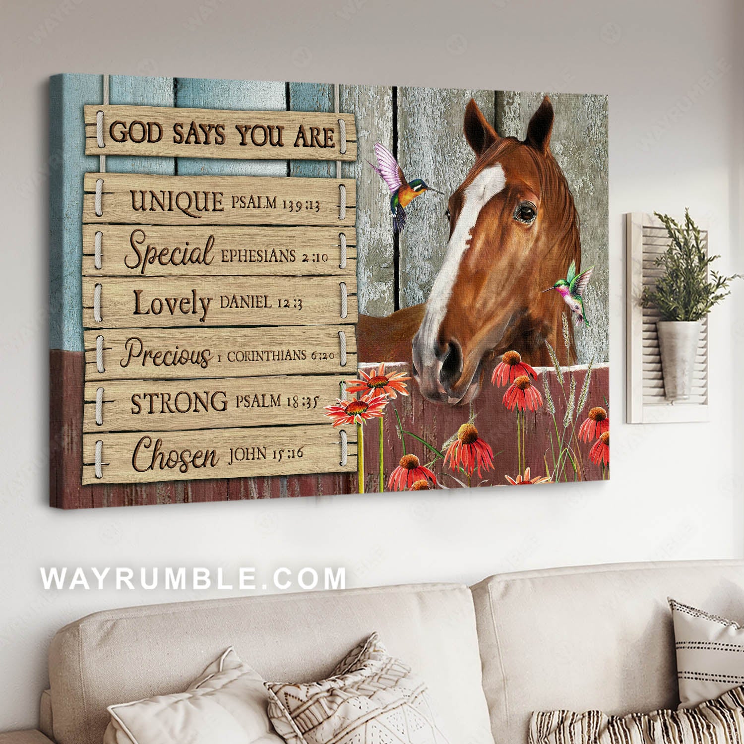 Brown horse, Colorful hummingbirds, Red daisy, God says you are unique - Jesus Landscape Canvas Prints, Christian Wall Art