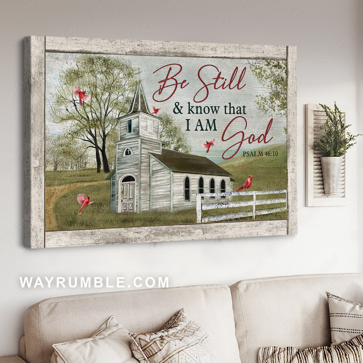 White church, Green meadow land, Cardinal, Be still and know that I am God - Jesus Landscape Canvas Prints, Christian Wall Art