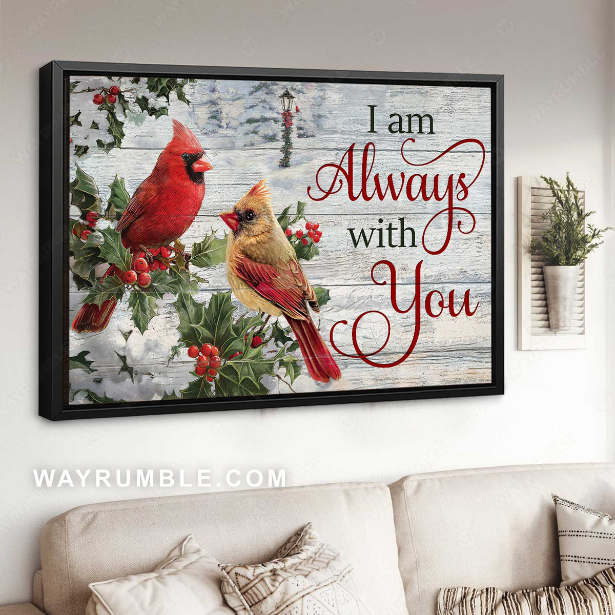 Little cardinal, Winter mountain, Cranberry drawing, I am always with you - Jesus Landscape Canvas Prints, Home Decor Wall Art