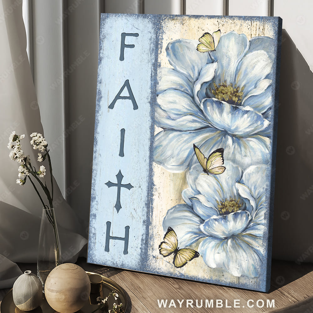 Beautiful white flower, Pretty butterfly, Pastel background, Faith - Jesus Portrait Canvas Prints, Christian Wall Art
