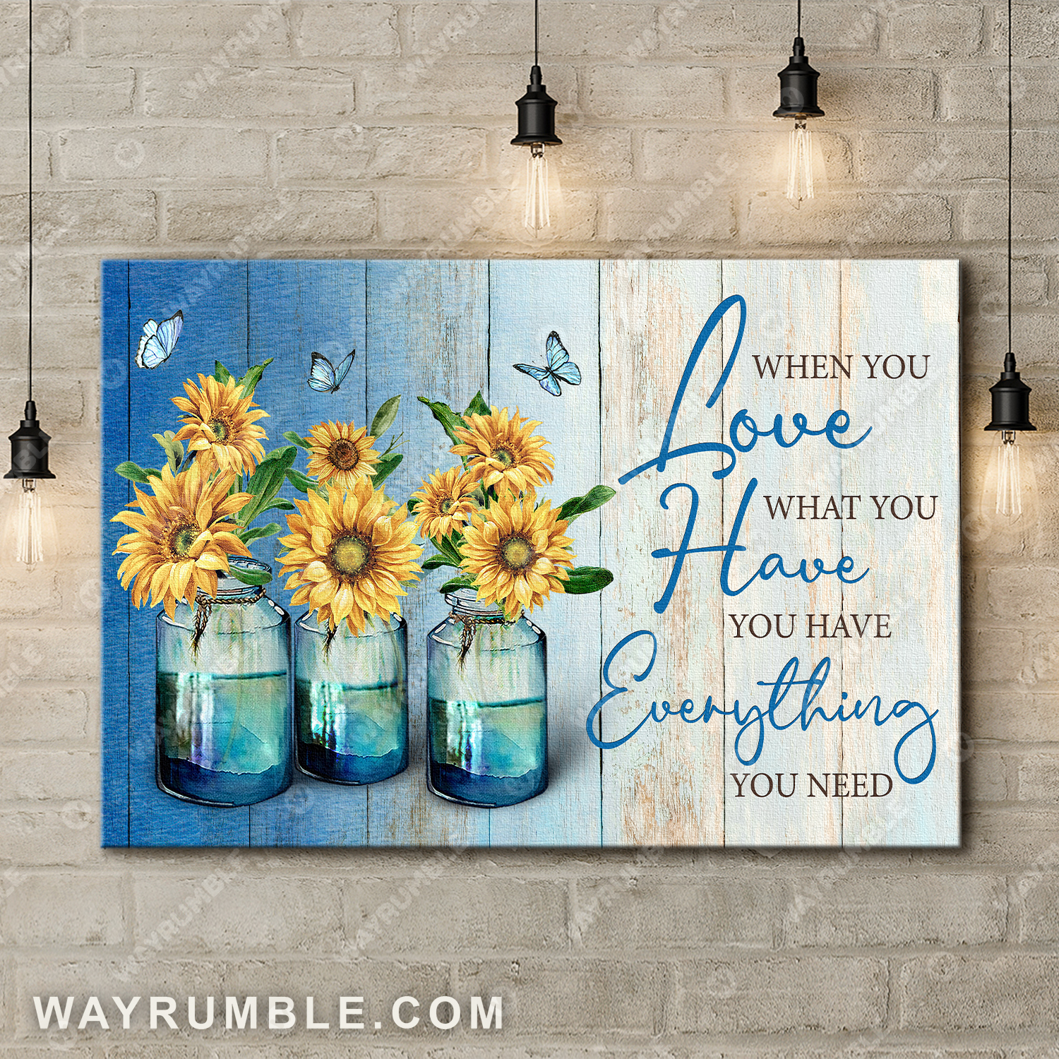 Sunflower in vase, Pastel background, Blue butterfly, You have everything you need - Jesus Landscape Canvas Prints, Wall Art