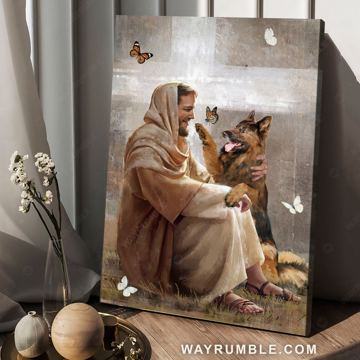 Jesus Christ, German Shepherd, Beautiful butterfly, Cross symbol - Jesus Portrait Canvas Prints, Christian Wall Art