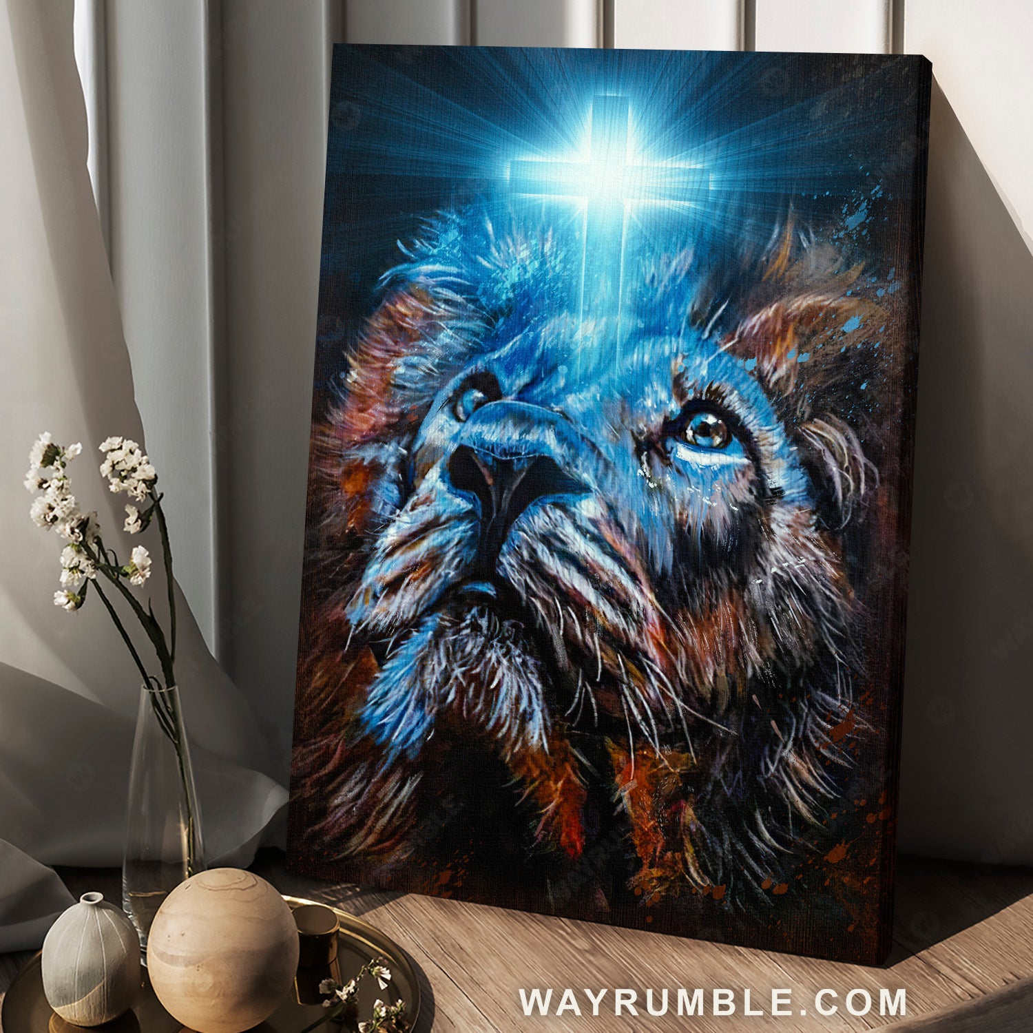 Blue lion, Light cross, Lion of Judah, Jesus artwork - Jesus Portrait Canvas Prints, Home Decor Wall Art
