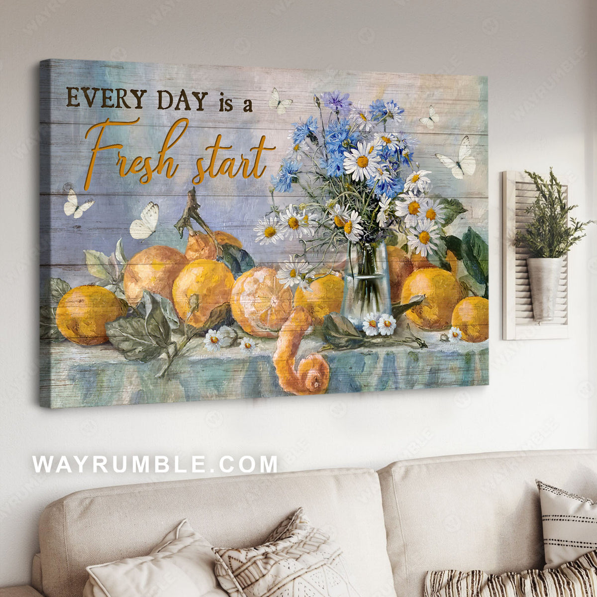 Lemon fruit, Daisy flower, Table cloth, Every day is a fresh start - Jesus Landscape Canvas Prints, Christian Wall Art
