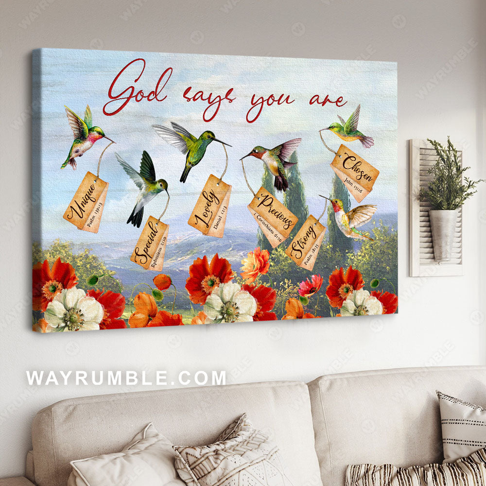 Watercolor poppy, Hummingbird drawing, Blue sky, God says you are unique - Jesus Landscape Canvas Prints, Christian Wall Art