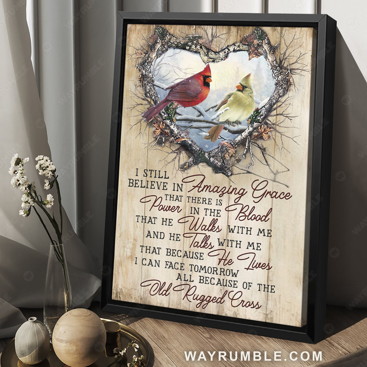 Red cardinal, Heart of thorn, White snow, I still believe in amazing grace - Jesus Portrait Canvas Prints, Wall Art