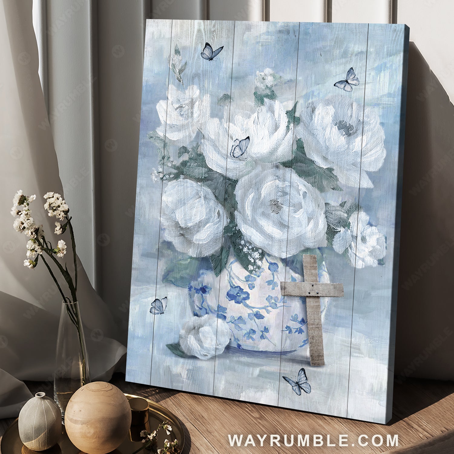 White rose vase, Beautiful painting, Pretty cross, Still life artwork - Jesus Portrait Canvas Prints, Home Decor Wall Art