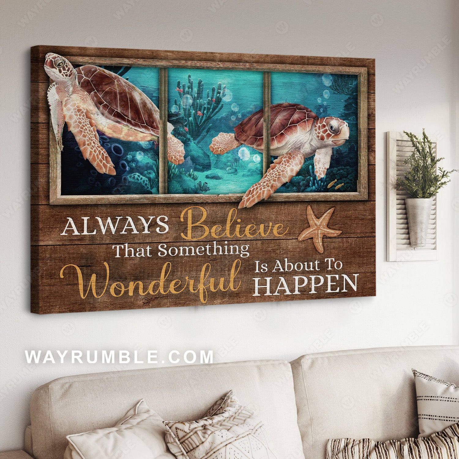 Brown turtle, Beautiful ocean, Always believe that something wonderful - Jesus Landscape Canvas Prints, Christian Wall Art