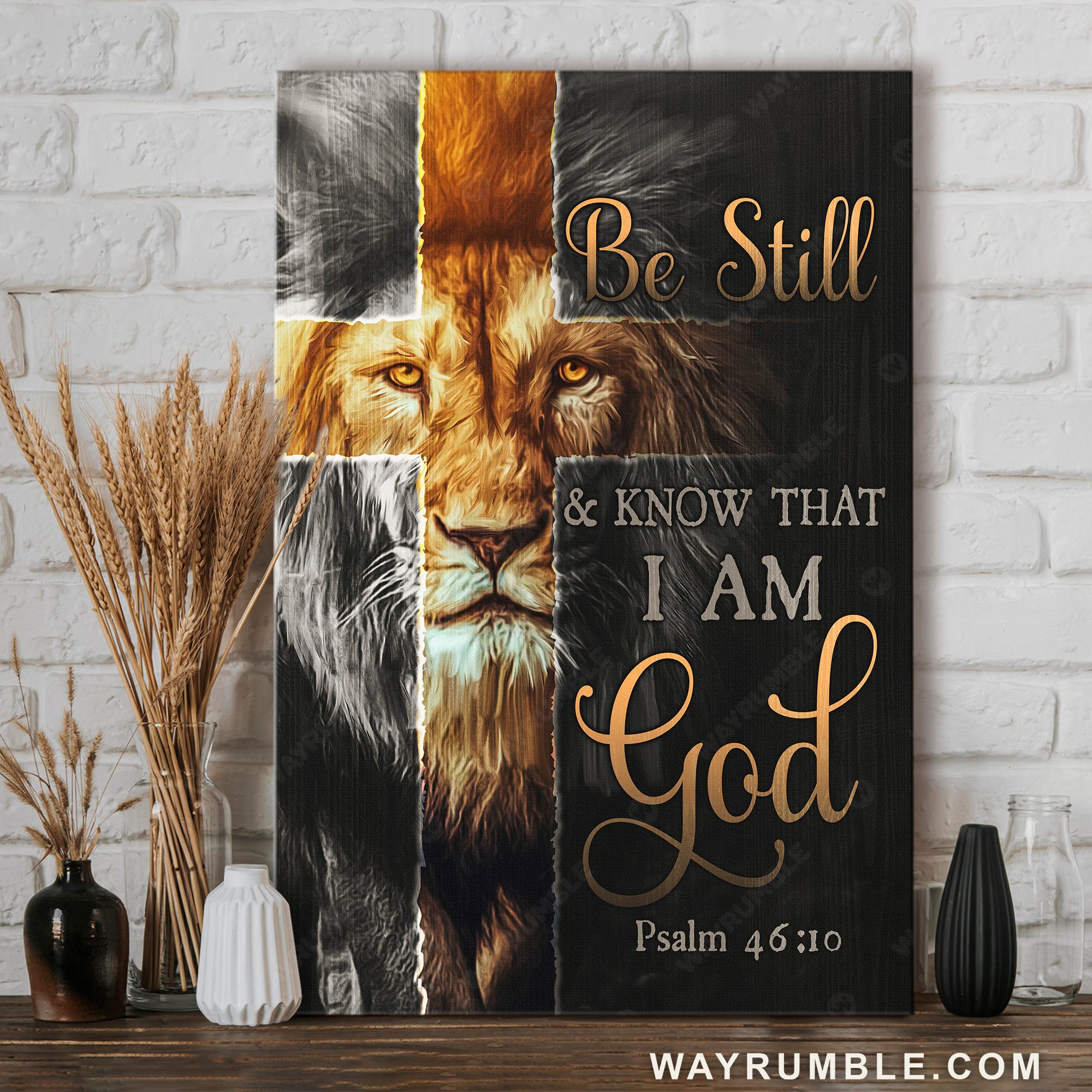 Yellow cross, Stunning lion drawing, Be still and know that I am God - Jesus Portrait Canvas Prints, Home Decor Wall Art