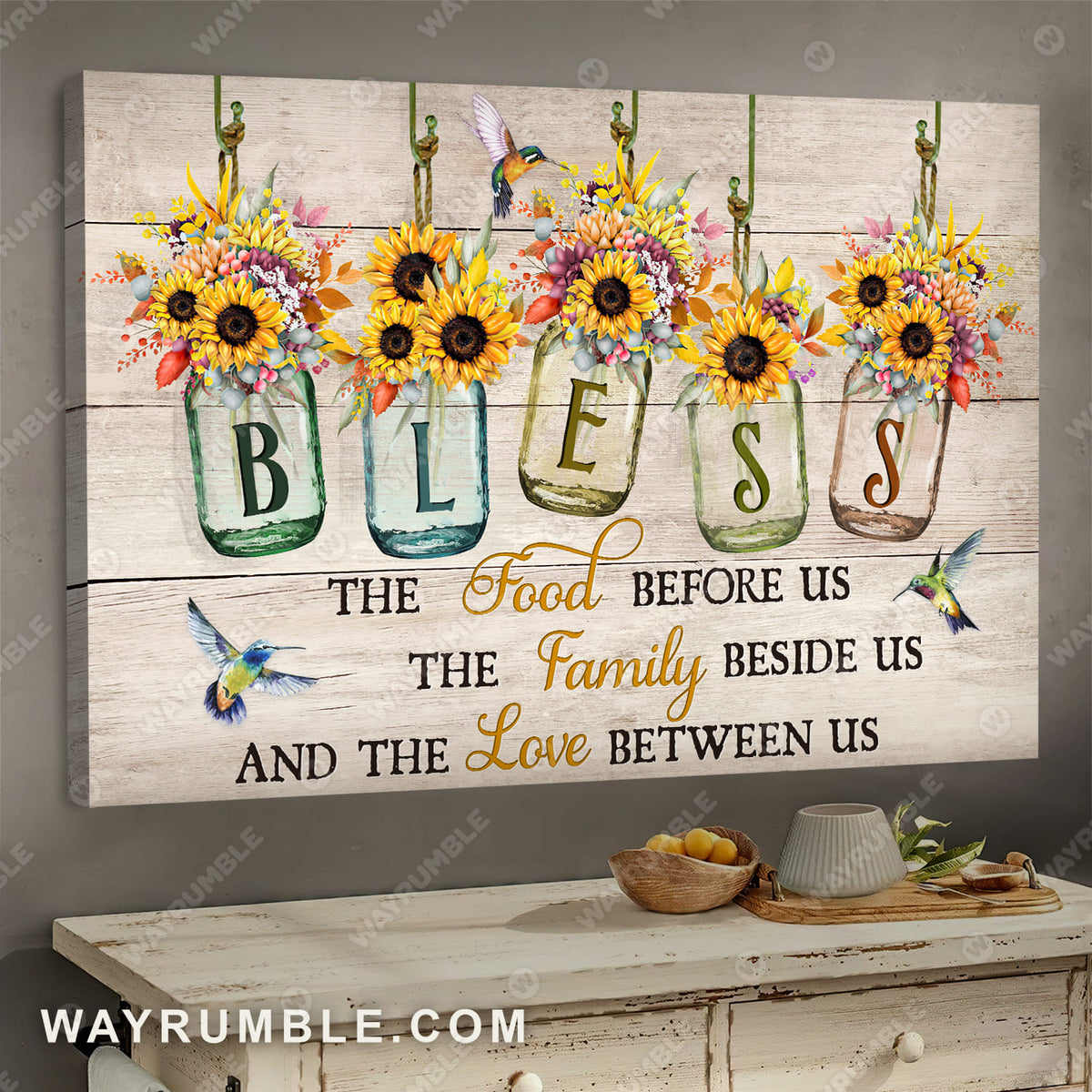 Garish flower painting, Colorful hummingbird, Bless the food before us - Jesus Landscape Canvas Prints, Wall Art