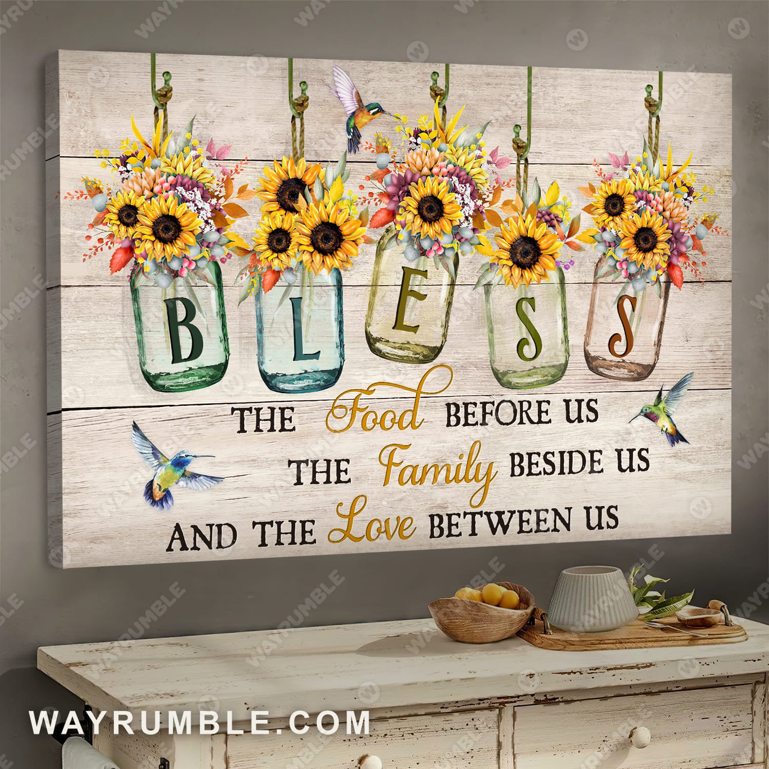 Garish flower painting, Colorful hummingbird, Bless the food before us - Jesus Landscape Canvas Prints, Wall Art