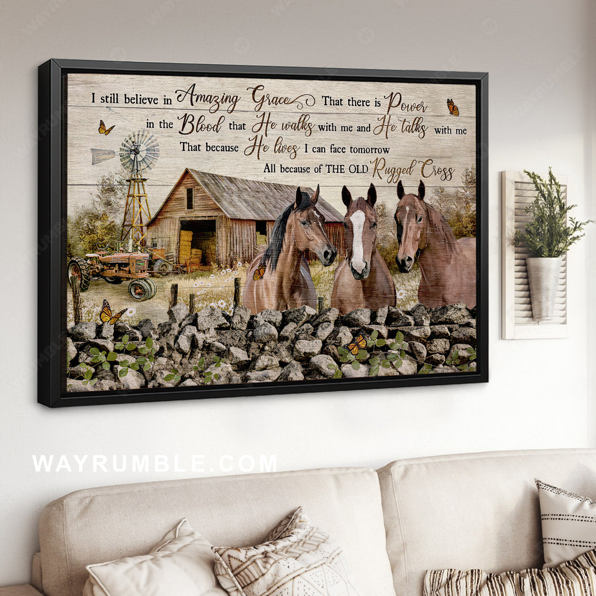 Brown horses, Rock wall, Peace farm, I still believe in amazing grace - Jesus Landscape Canvas Prints, Christian Wall Art