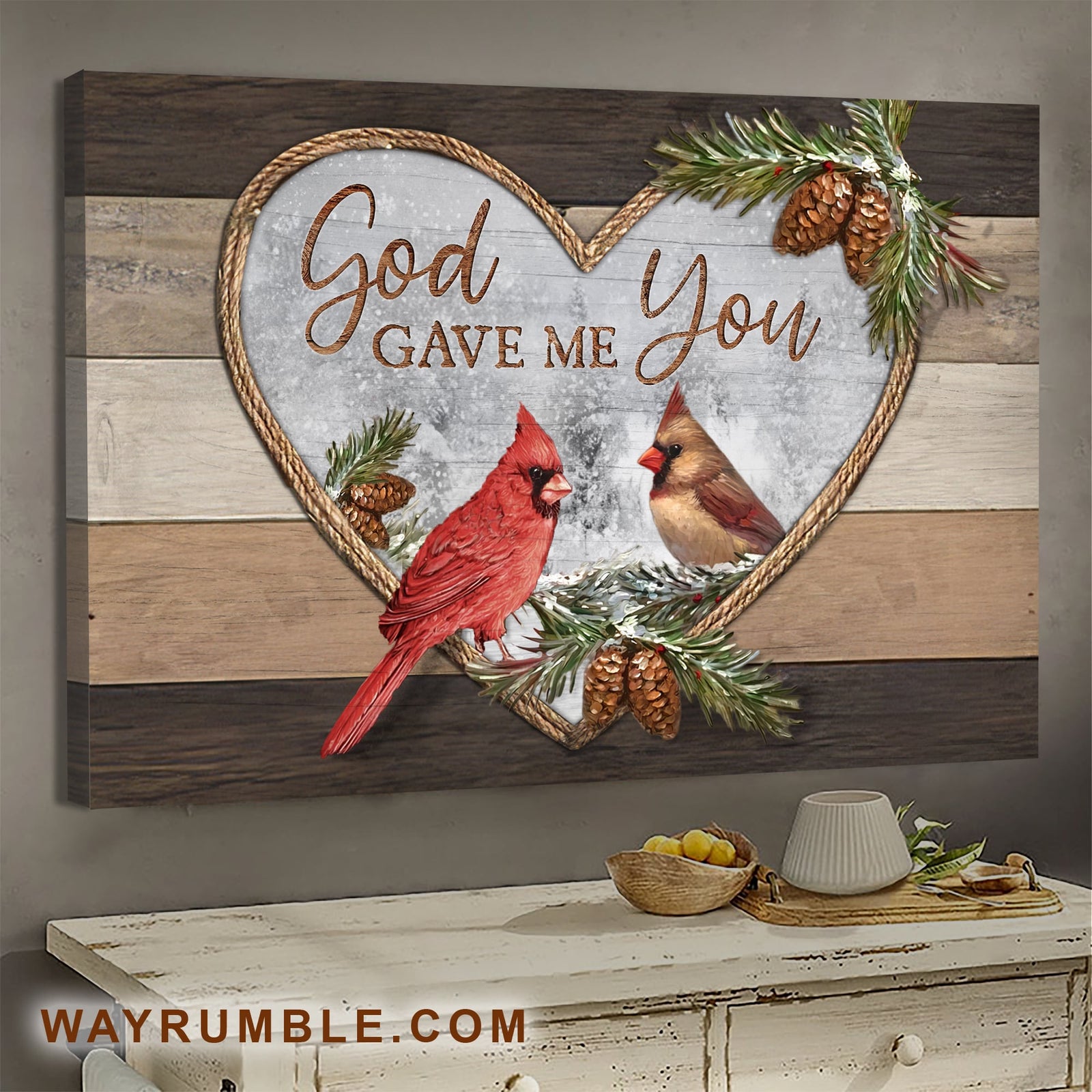 Cardinal couple, Pineal, Heart rope, Winter forest, God gave me you - Jesus Landscape Canvas Prints, Wall Art