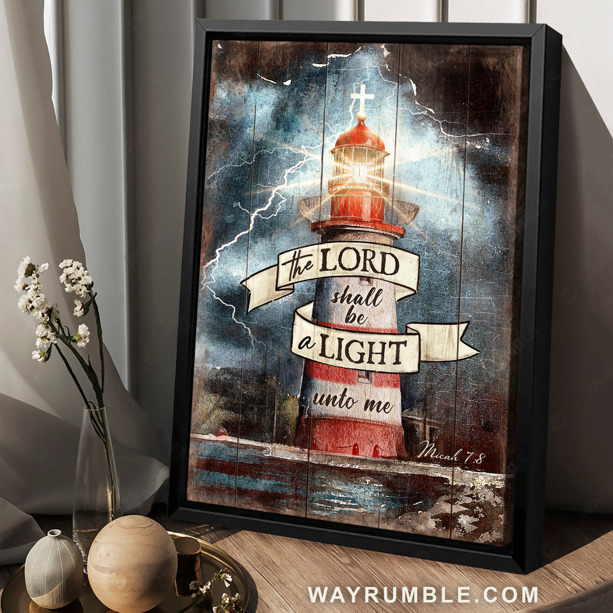 Lighthouse, Cross symbol, Thunderstorm, The Lord shall be a light unto me - Jesus Portrait Canvas Prints, Christian Wall Art