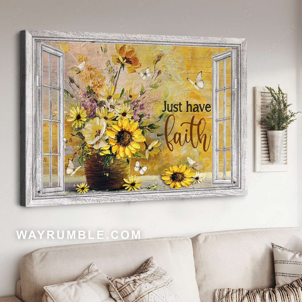 Sunflower, Yellow daisy, White anemone, Flower vase, Just have faith - Jesus Landscape Canvas Prints, Christian Wall Art