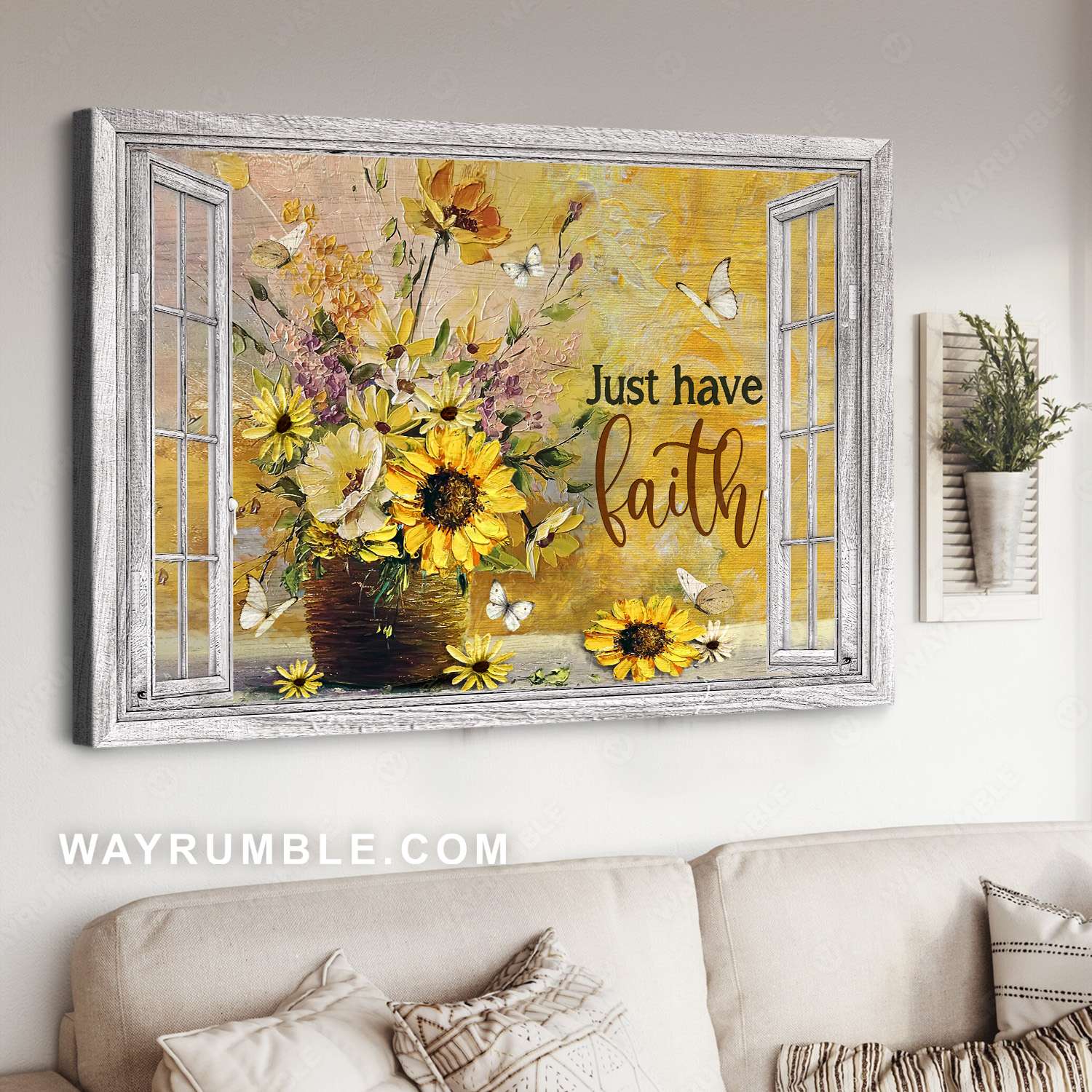 Sunflower, Yellow daisy, White anemone, Flower vase, Just have faith - Jesus Landscape Canvas Prints, Christian Wall Art