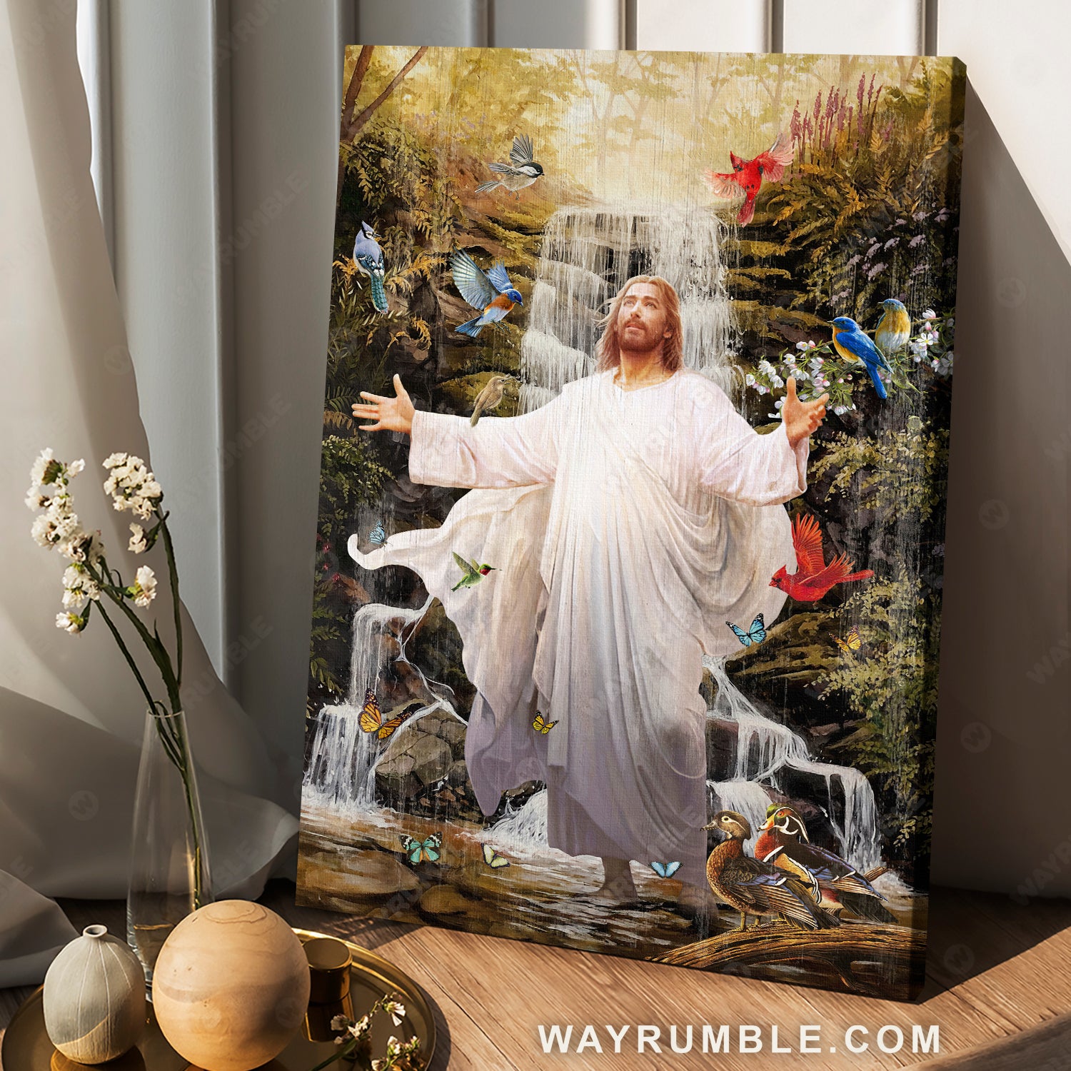 Jesus calls, Colorful birds, Forest stream, Scenery painting - Jesus Portrait Canvas Prints, Christian Wall Art
