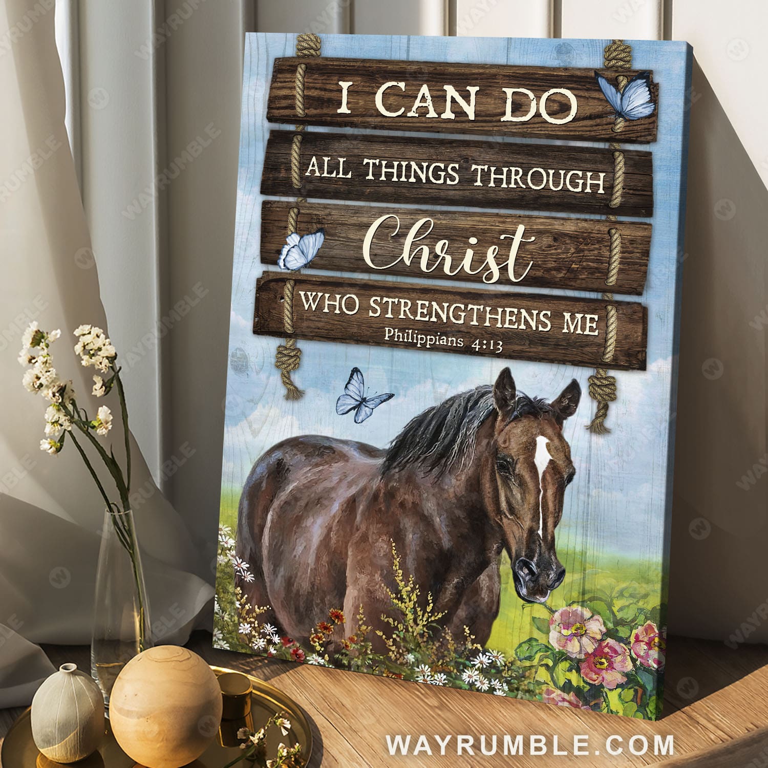Horse drawing, Flower field, Wooden sign, I can do all things through Christ who strengthens me - Jesus Portrait Canvas Prints, Christian Wall Art