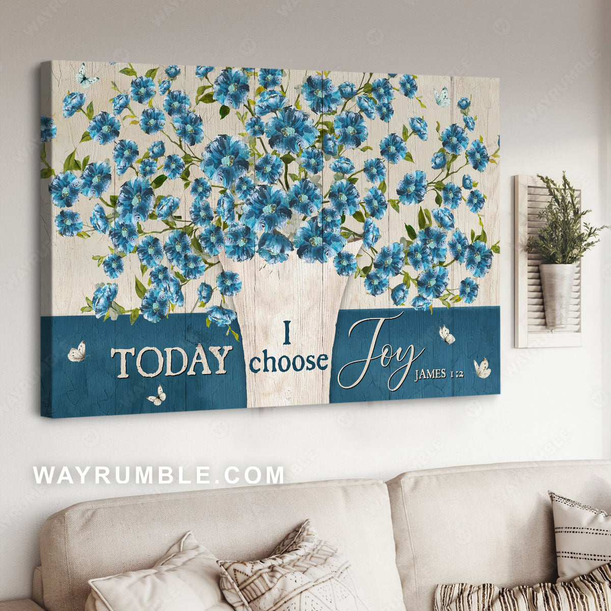 Blue flax, Flower painting, White butterfly, Today I choose joy - Jesus Landscape Canvas Prints, Christian Wall Art