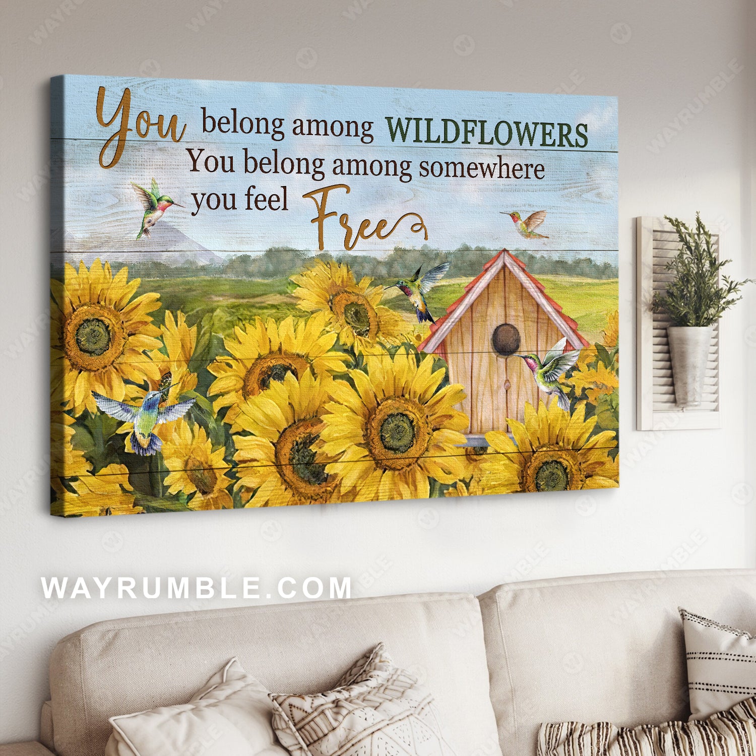 Stunning sunflower field, Cute hummingbird, You belong among wildflowers - Jesus Landscape Canvas Prints, Home Decor Wall Art