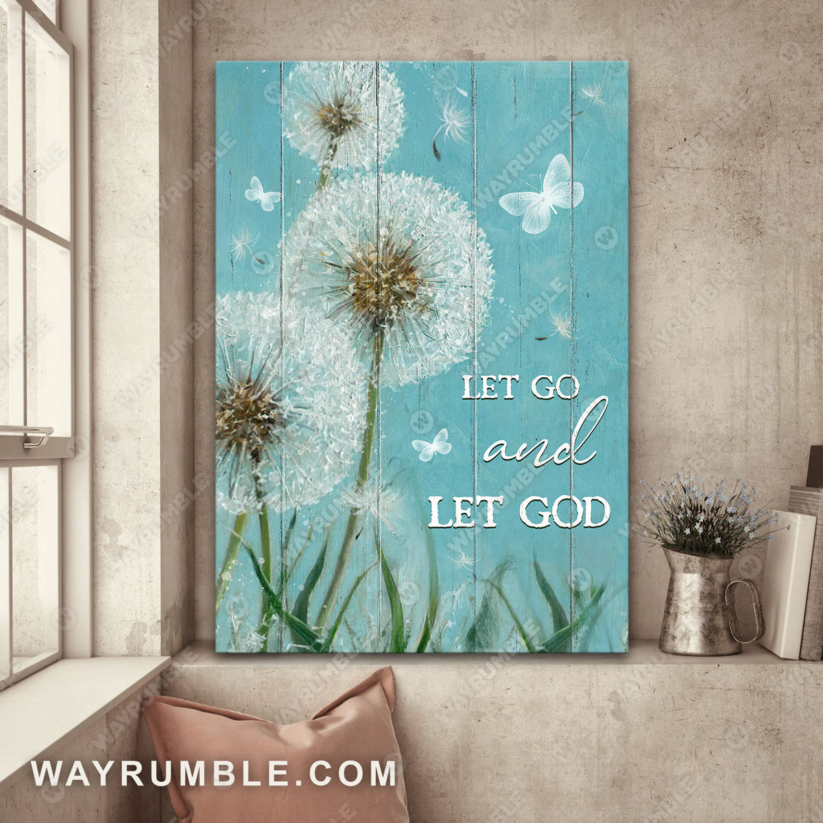 Dandelion painting, White butterfly, Let go and let God - Jesus Portrait Canvas Prints, Wall Art