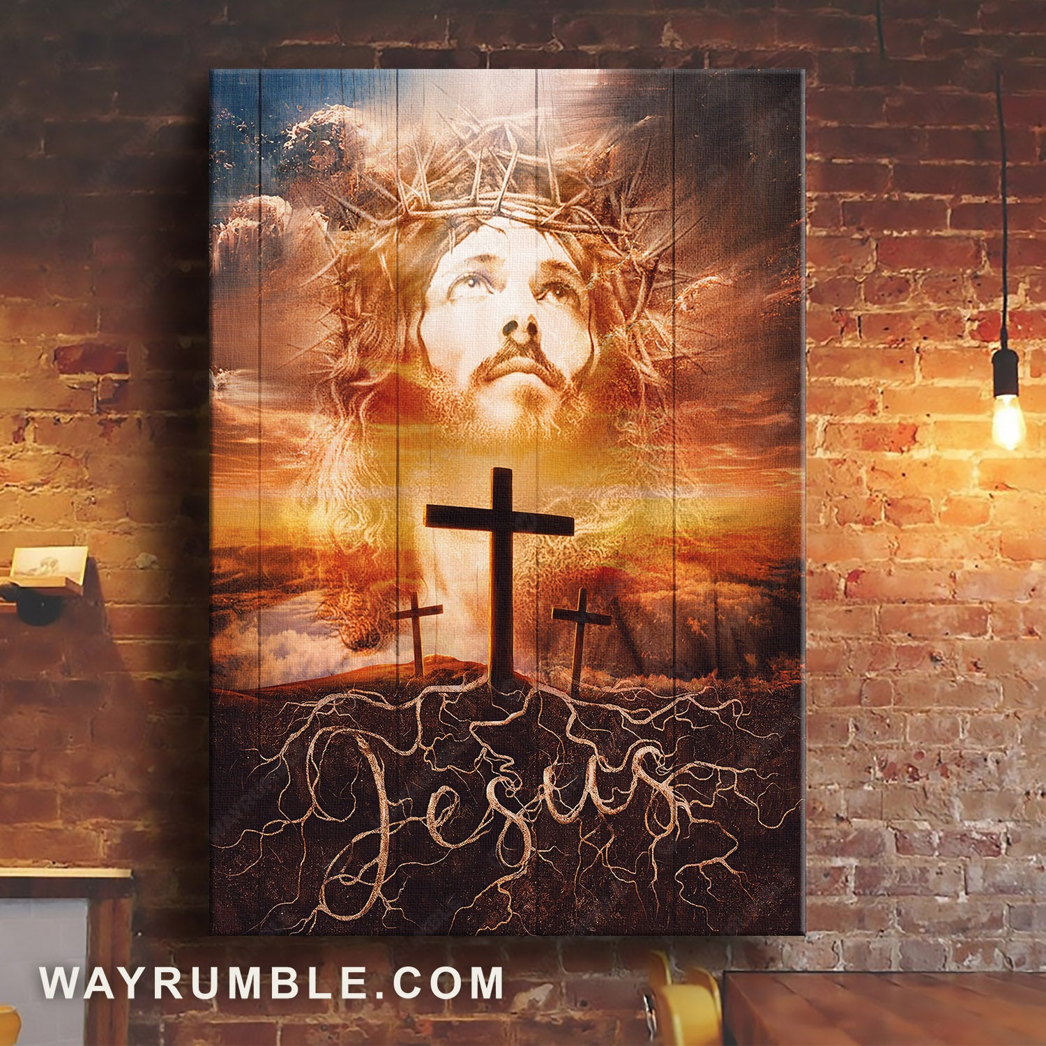 Face of Jesus, Stunning sunset, Cross symbol, Crown of thorn - Jesus Portrait Canvas Prints, Home Decor Wall Art