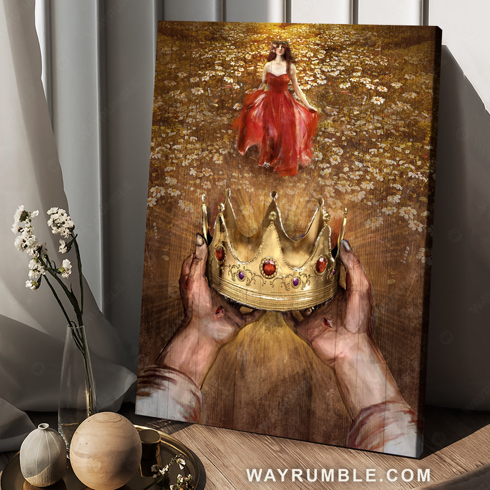 Pretty crown, Beautiful girl, Daisy field, Walking with Jesus - Jesus Portrait Canvas Prints, Christian Wall Art