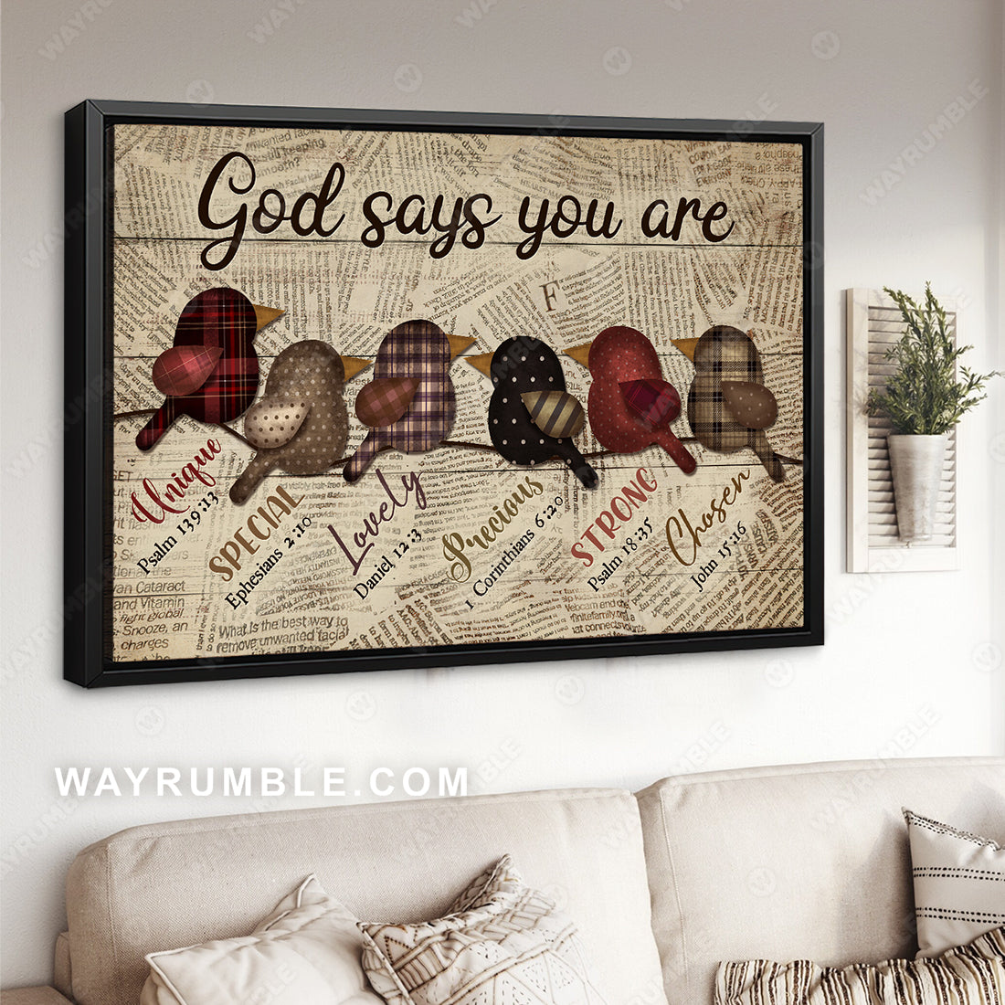 Cute bird drawing, Newspaper background, God says you are unique - Jesus Landscape Canvas Prints, Christian Wall Art