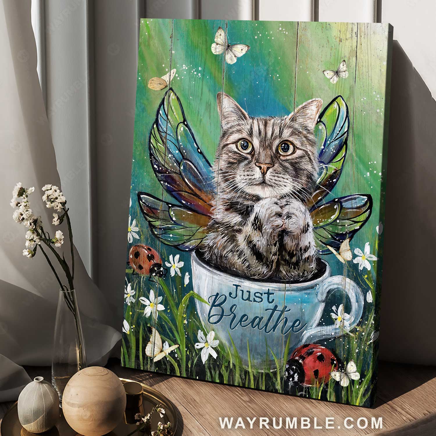 Grey tabby cat, Butterfly wings, Lady bug, Tea cup, Just breathe - Jesus Portrait Canvas Prints, Christian Wall Art